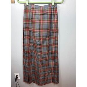 Vintage Wool Kilt Maxi Skirt Tartan Plaid Grey Red Size 10